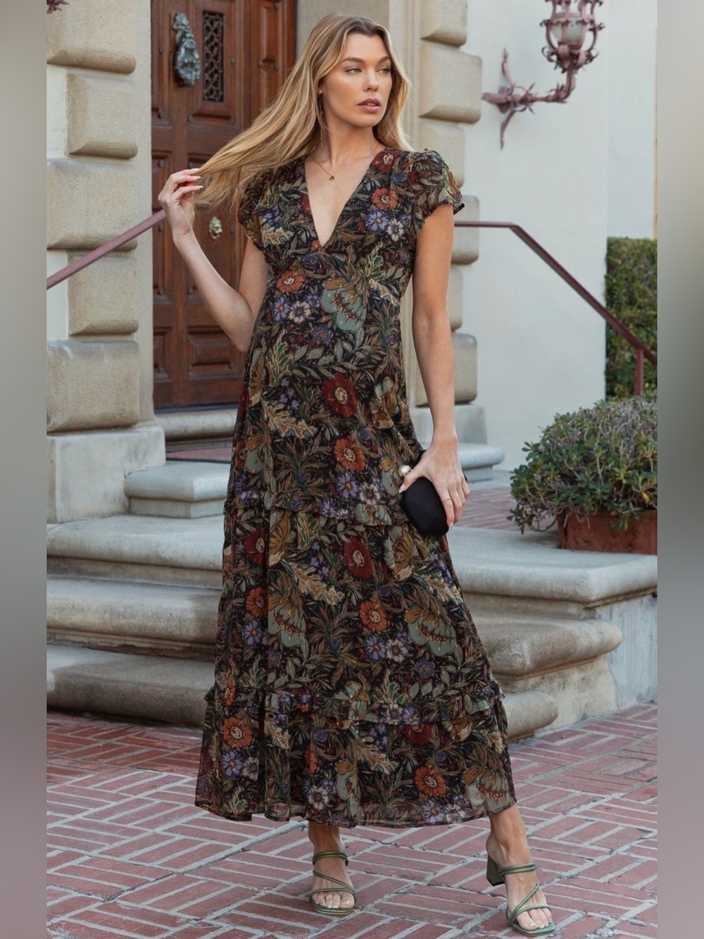 PinkBlush Floral Deep V-Neck Tiered Maxi Dress